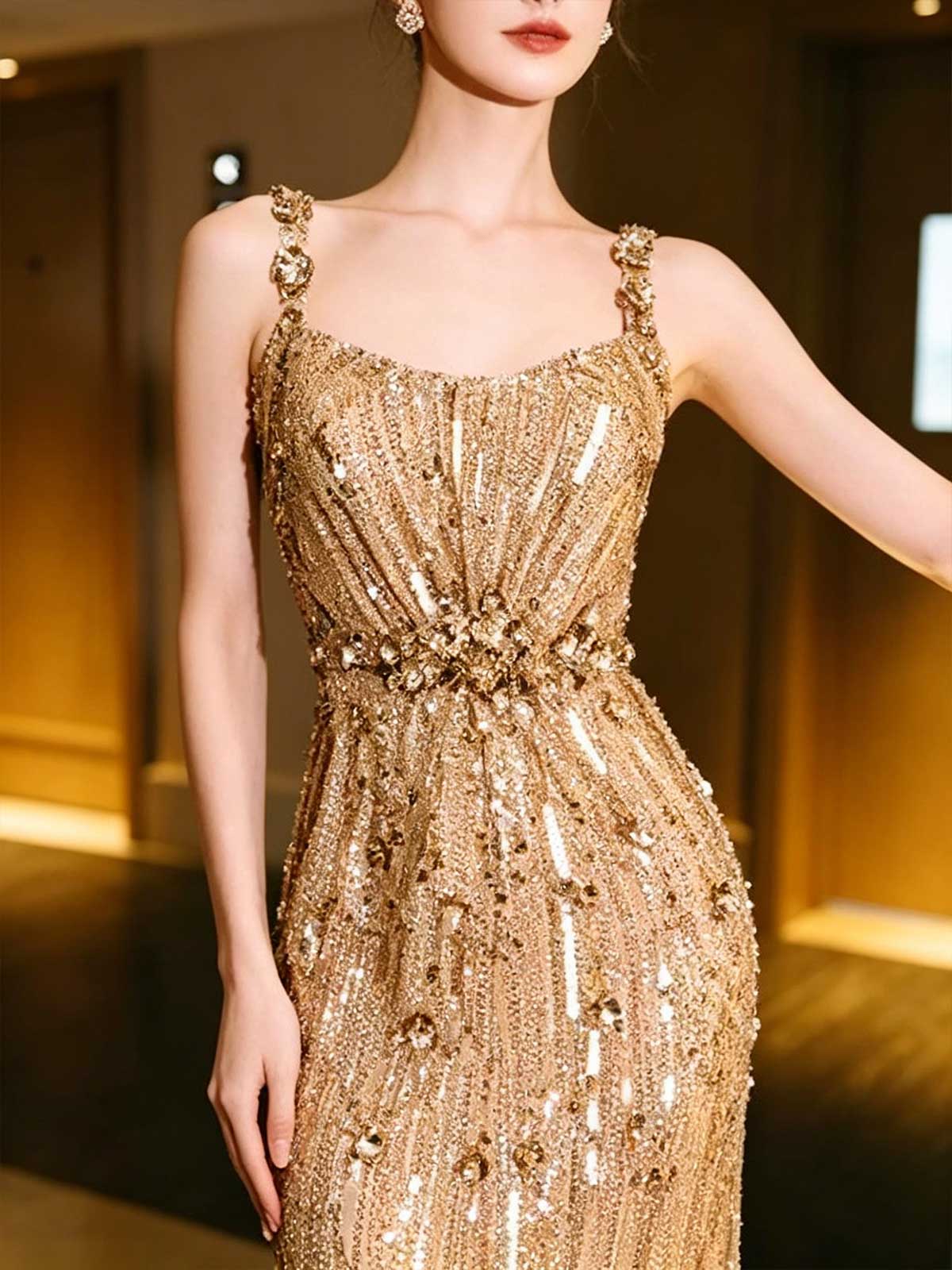 Champagne Gold Beaded Sequin Mermaid Evening Gown with Embellished Straps
