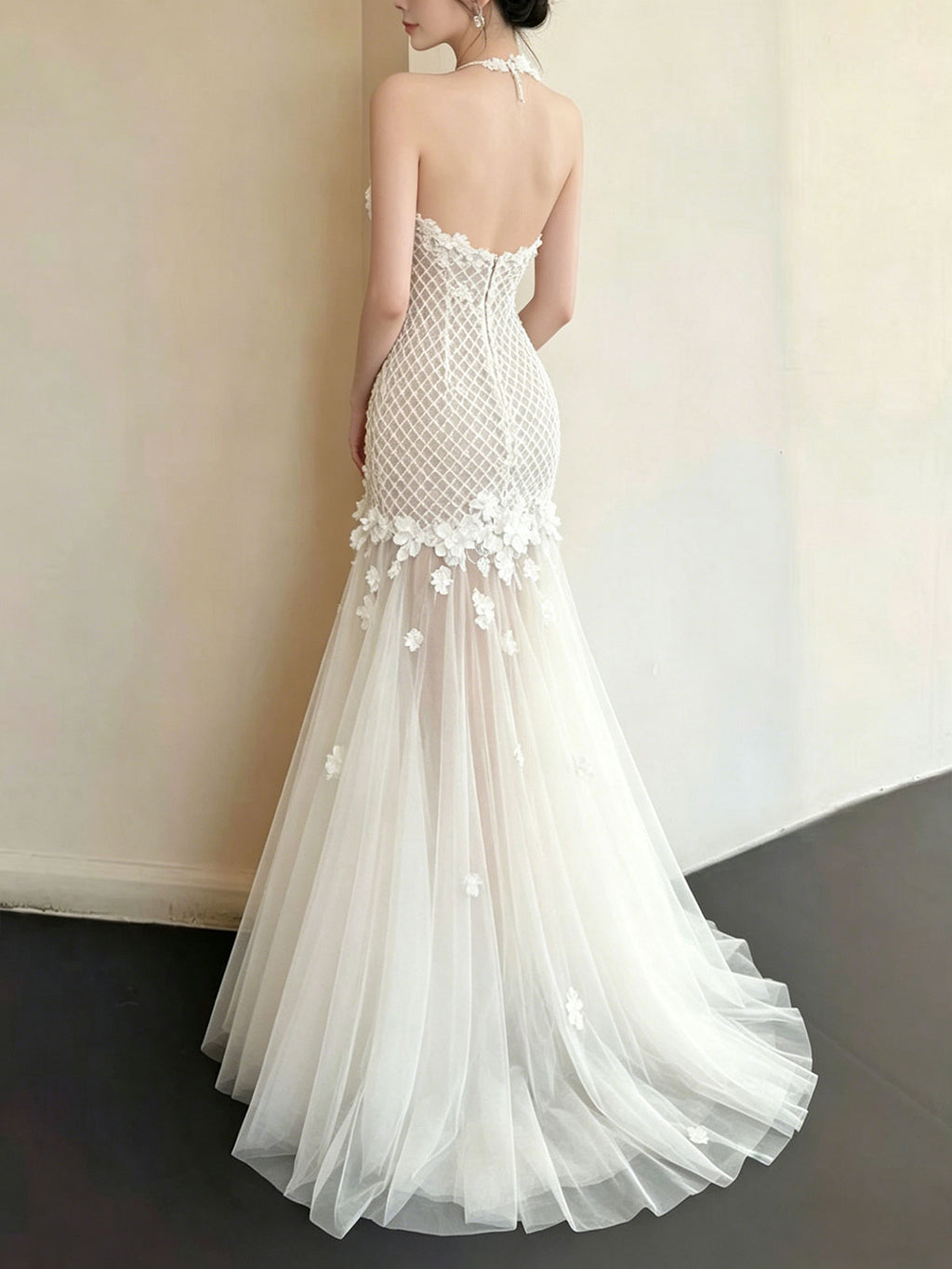Halter White Grid Lace 3D Floral Sheer Mermaid Wedding Dress