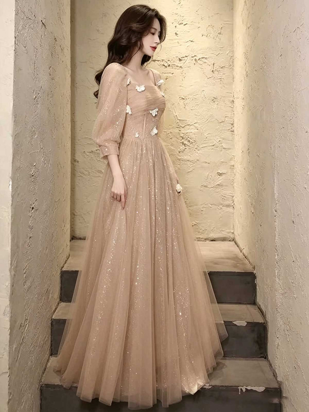 Nude Pink Tulle Evening Gown