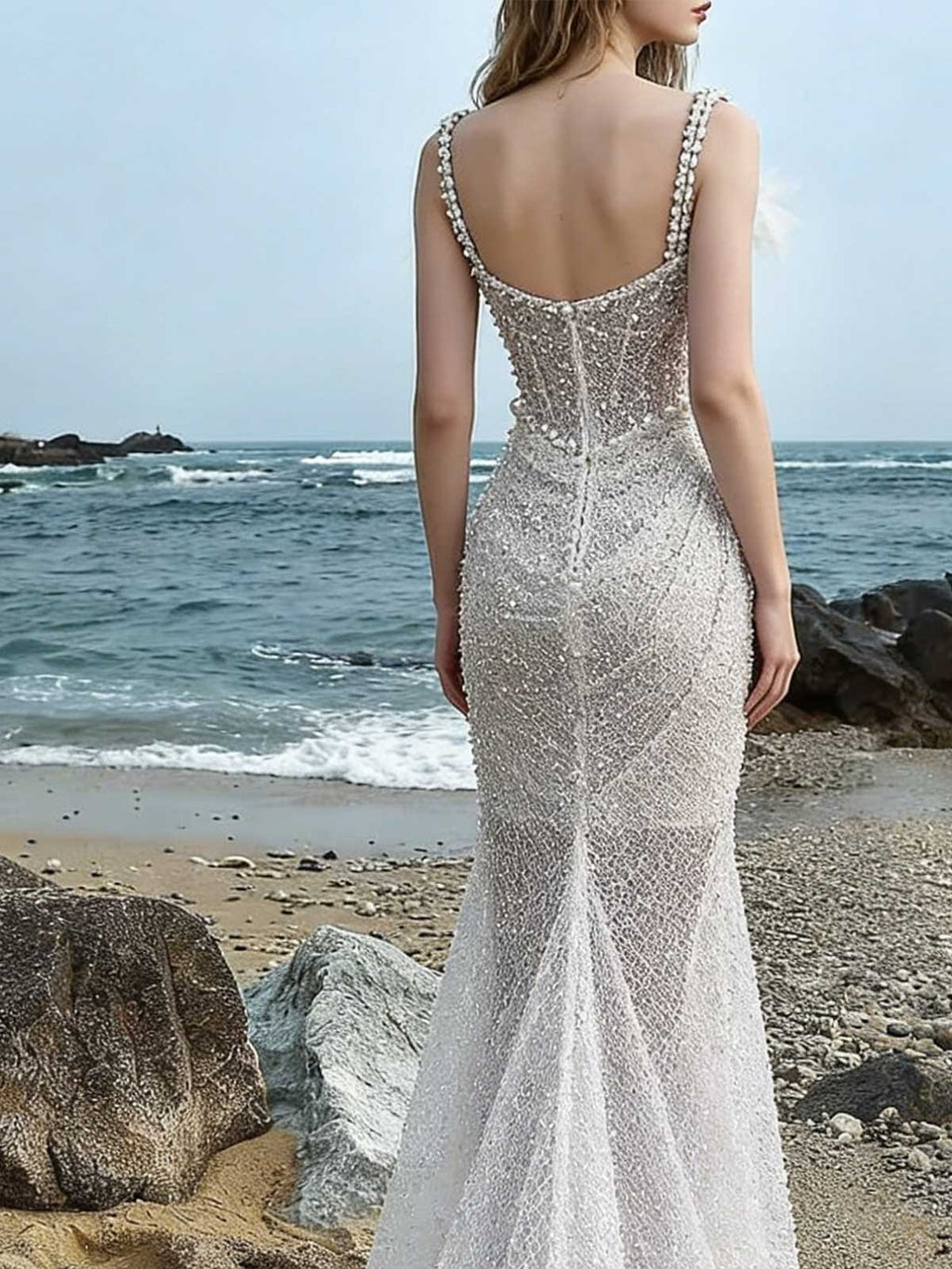 Stunning Beach Wedding Dress with Sequin & Pearl Detailing