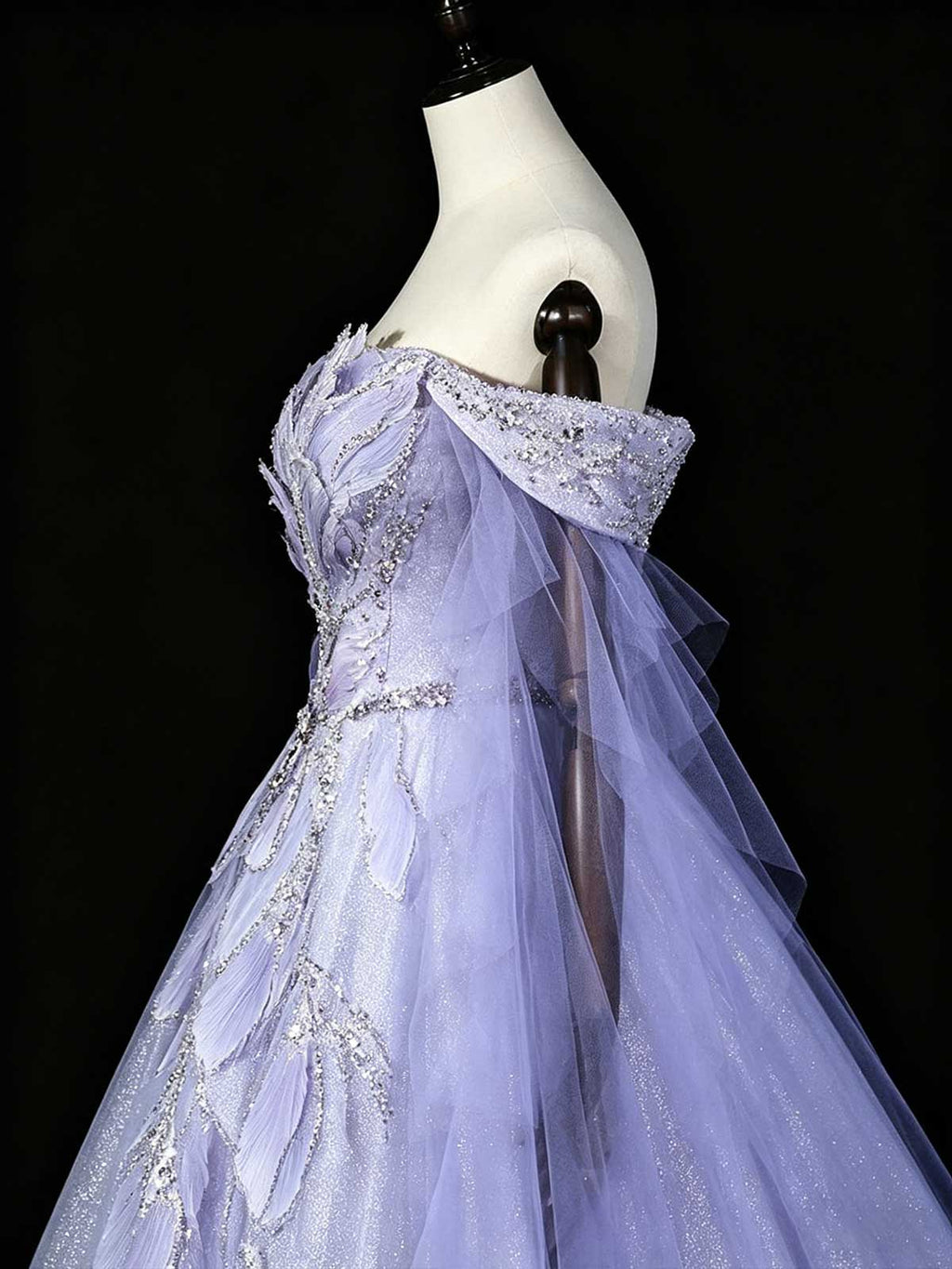 Lavender Off-the-Shoulder Ruffle Sleeve A-Line Prom Gown with 3D Floral