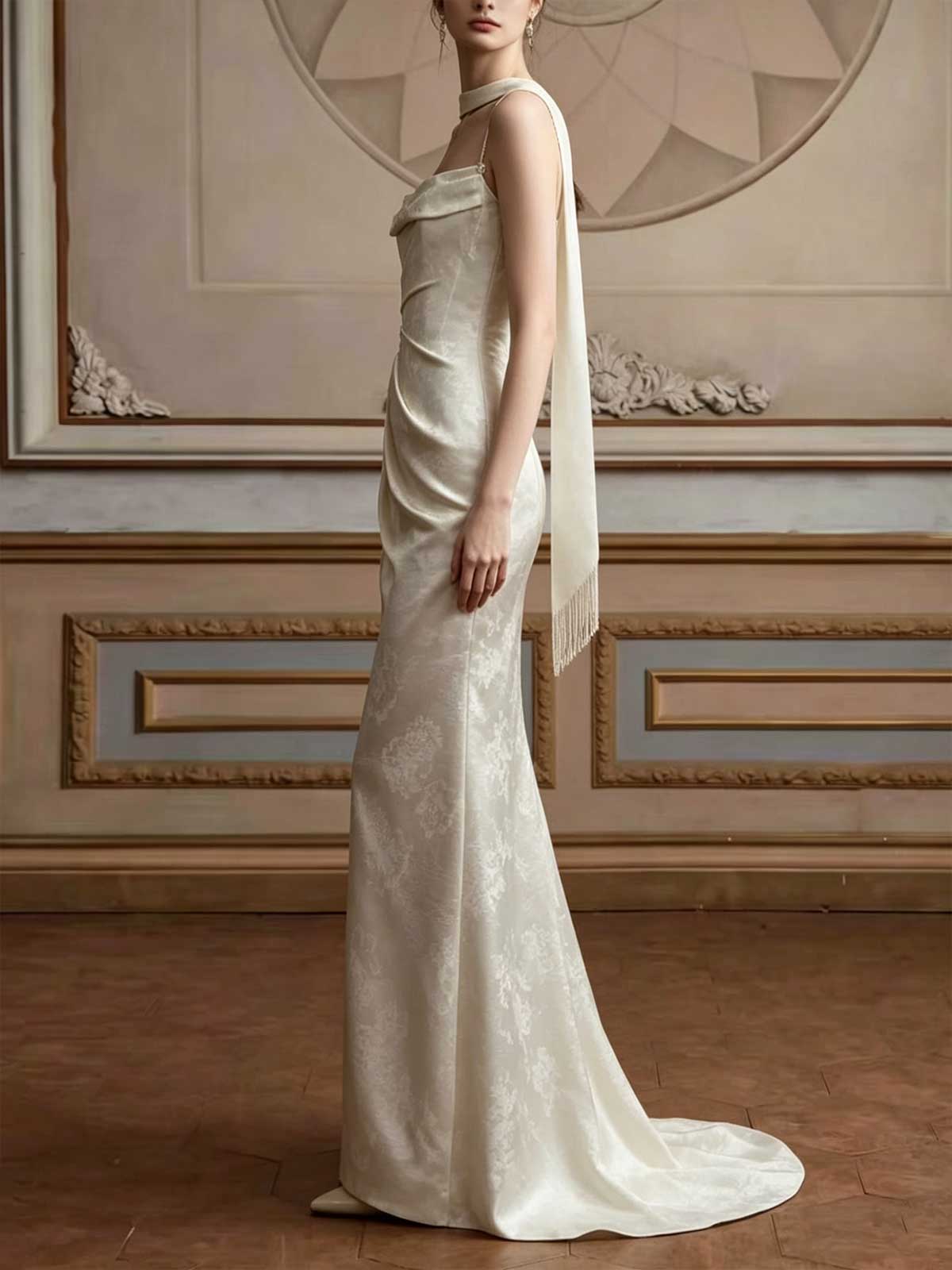 Ivory Jacquard Halter Neck Satin Mermaid Wedding Dress