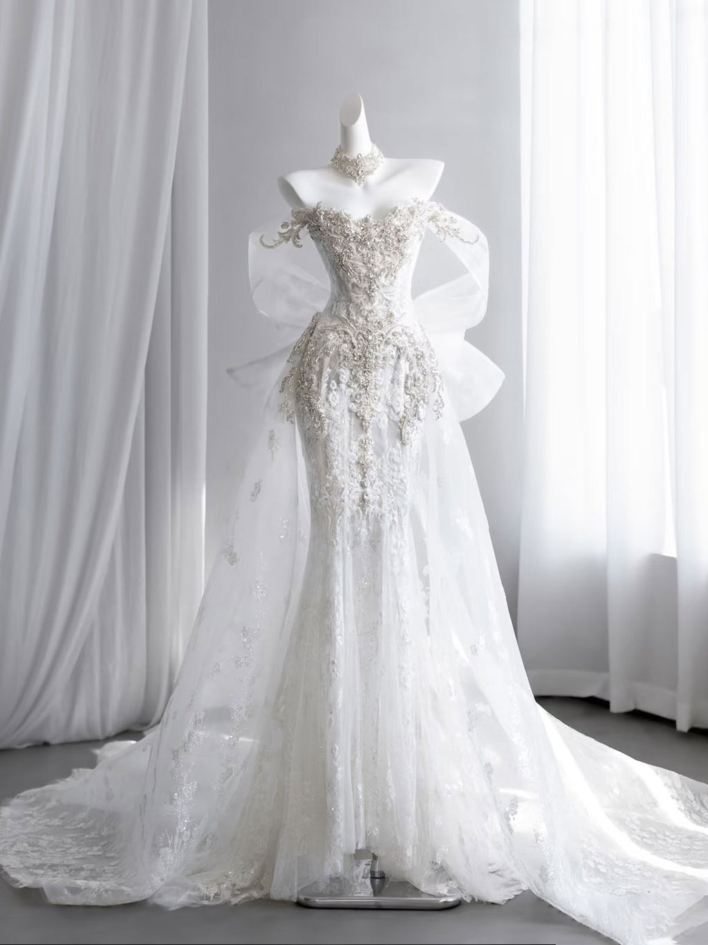 Luxury Beaded Off-Shoulder Mermaid Wedding Gown