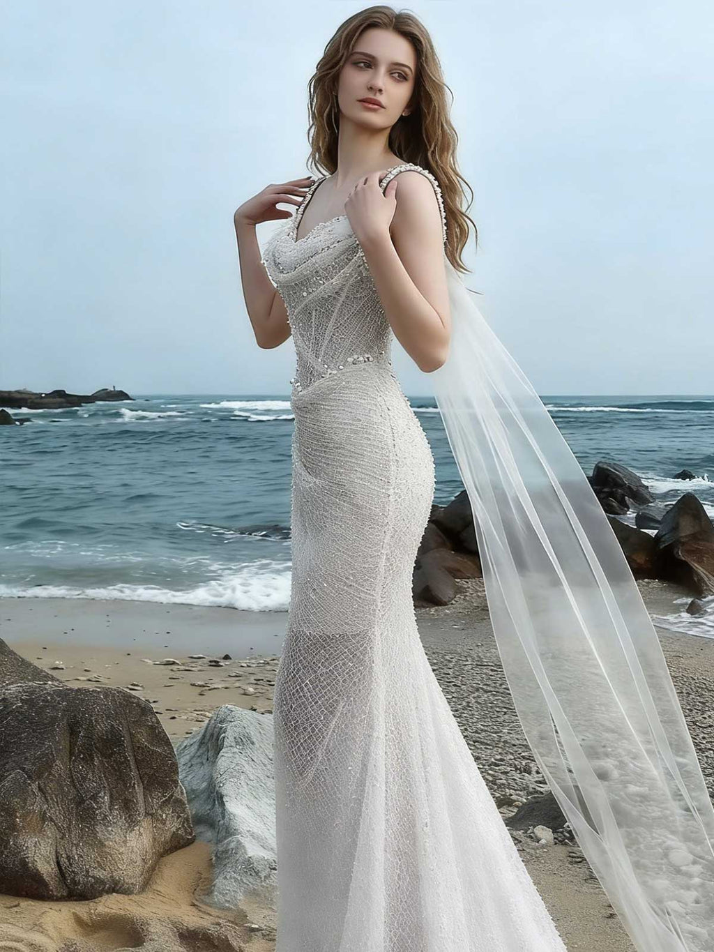 Stunning Beach Wedding Dress with Sequin & Pearl Detailing