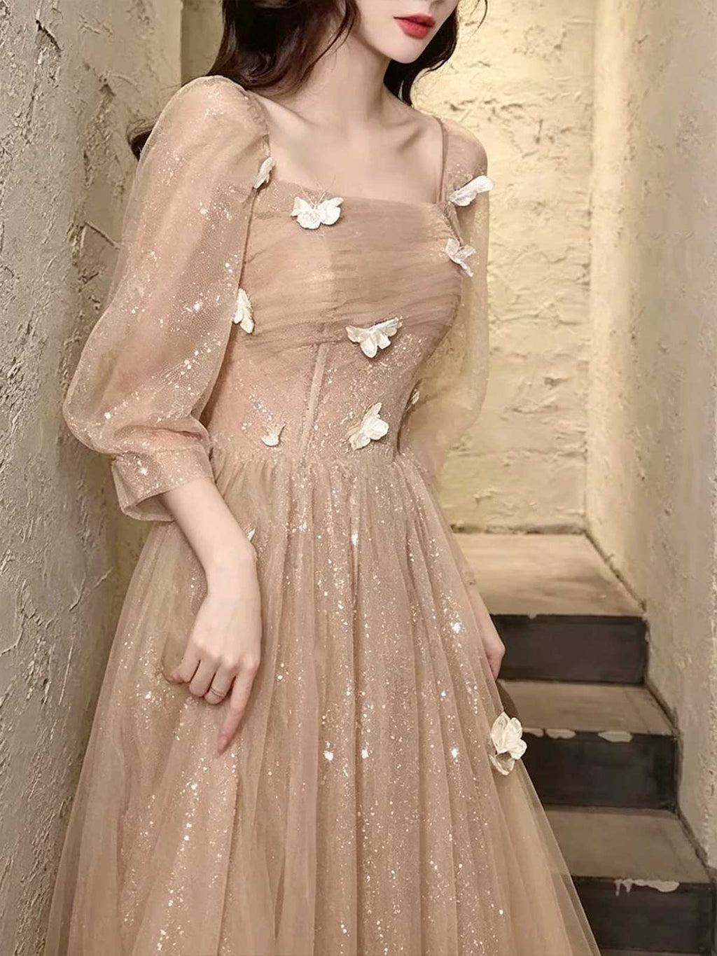Nude Pink Tulle Evening Gown