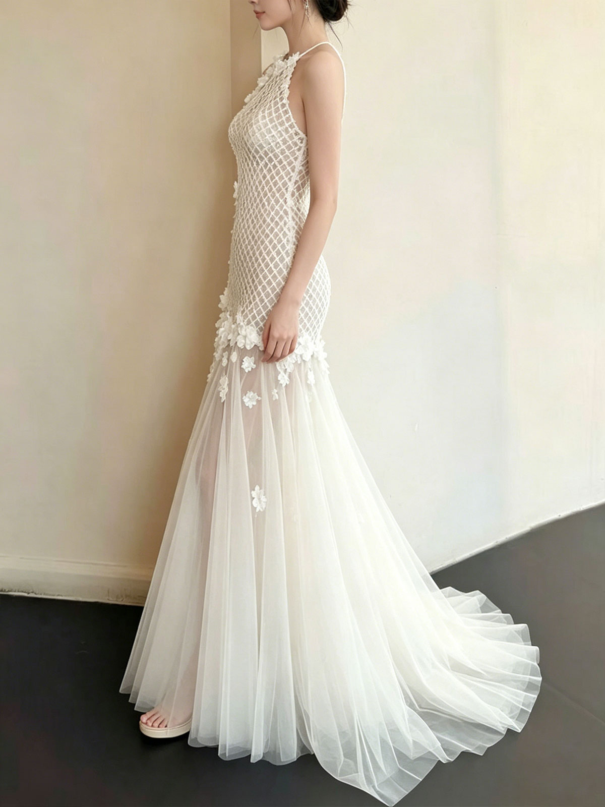 Halter White Grid Lace 3D Floral Sheer Mermaid Wedding Dress