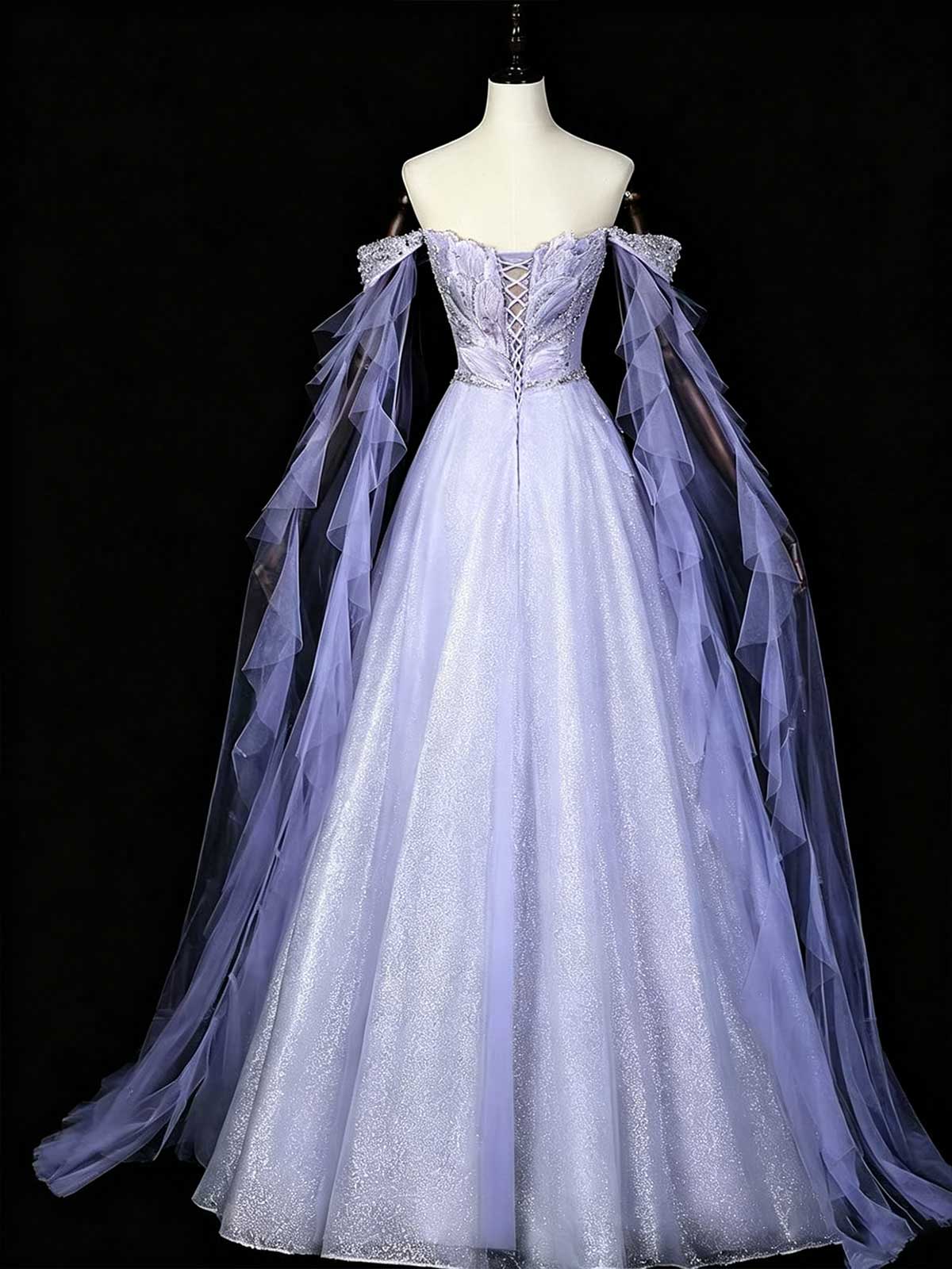 Lavender Off-the-Shoulder Ruffle Sleeve A-Line Prom Gown with 3D Floral