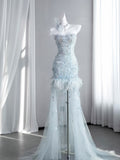 Ice Blue Beaded Feather Mermaid Evening Gown