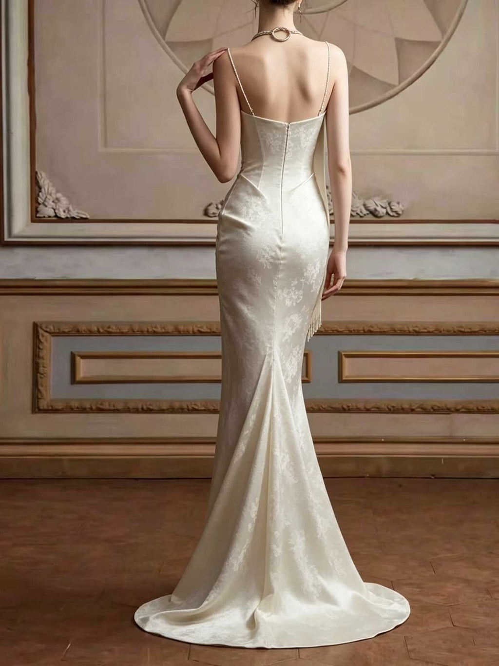 Ivory Jacquard Halter Neck Satin Mermaid Wedding Dress
