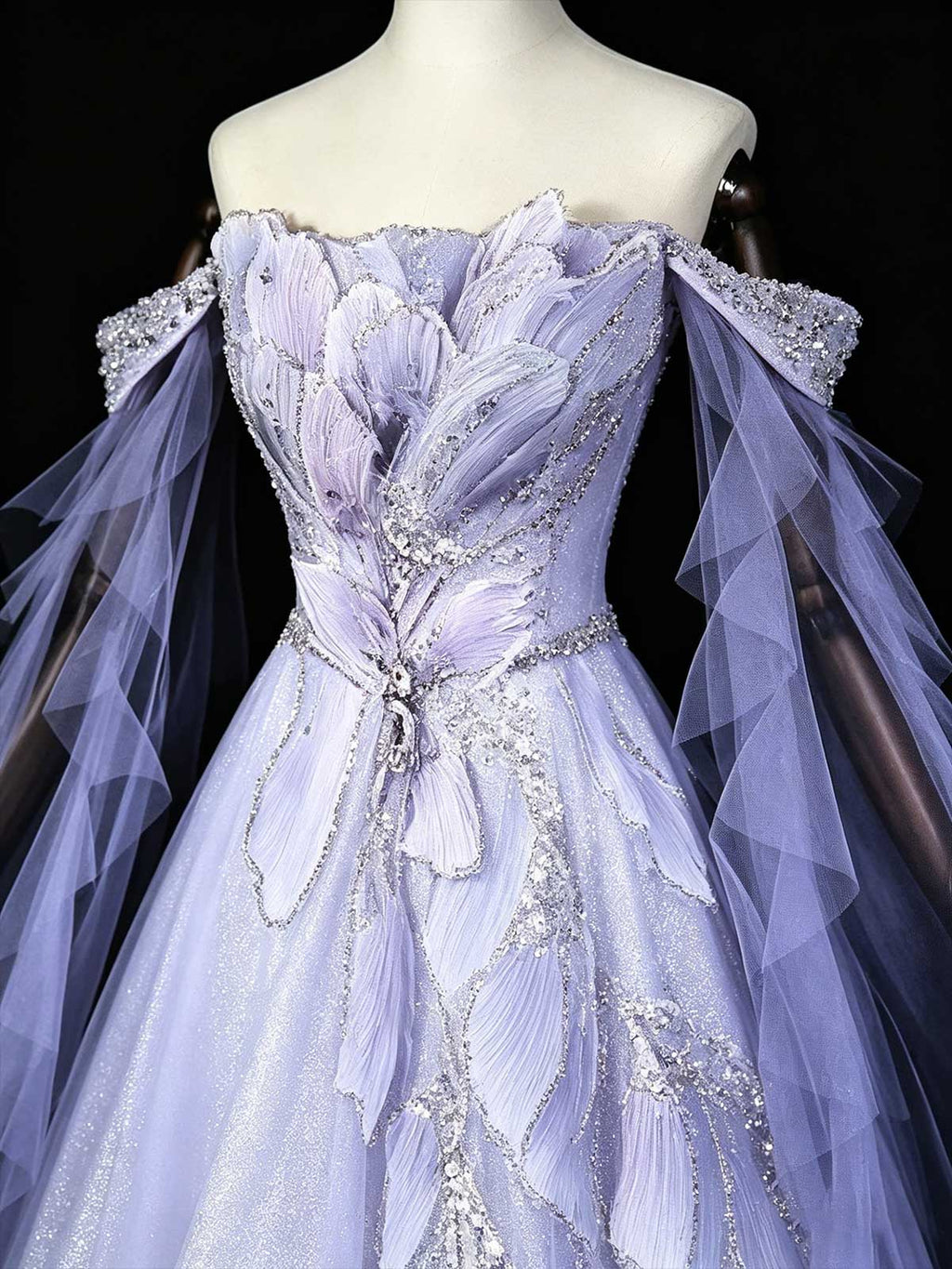 Lavender Off-the-Shoulder Ruffle Sleeve A-Line Prom Gown with 3D Floral