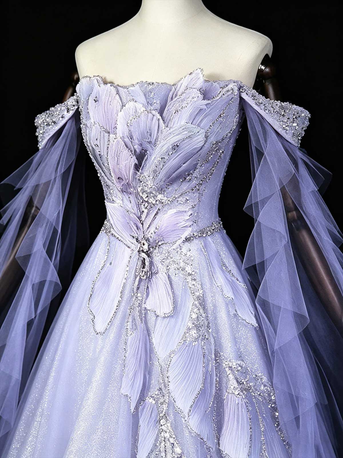 Lavender Off-the-Shoulder Ruffle Sleeve A-Line Prom Gown with 3D Floral