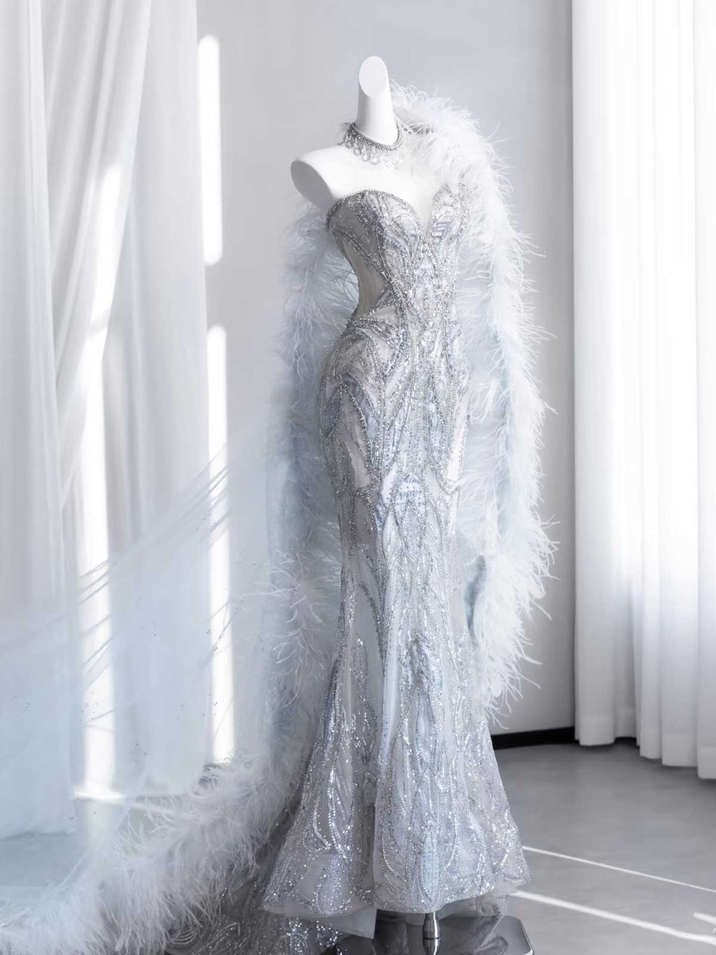 Silver Beaded Feather Mermaid Evening Gown