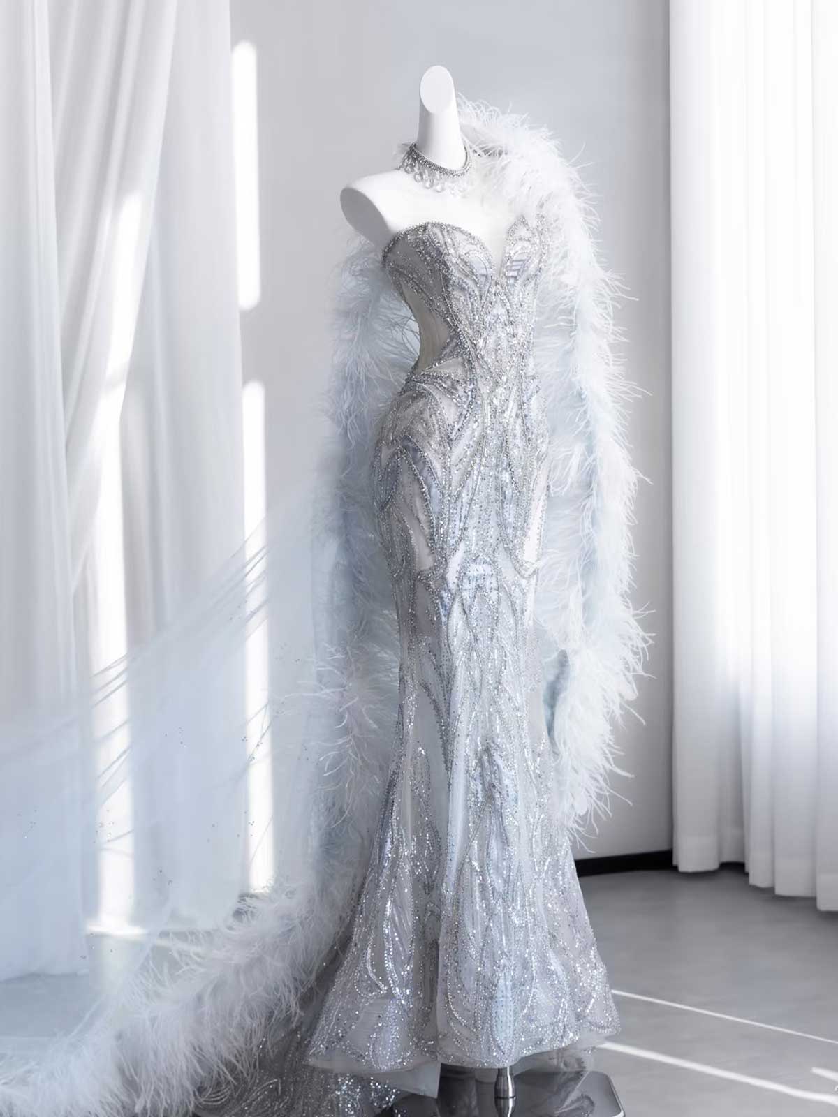 Silver Beaded Feather Mermaid Evening Gown