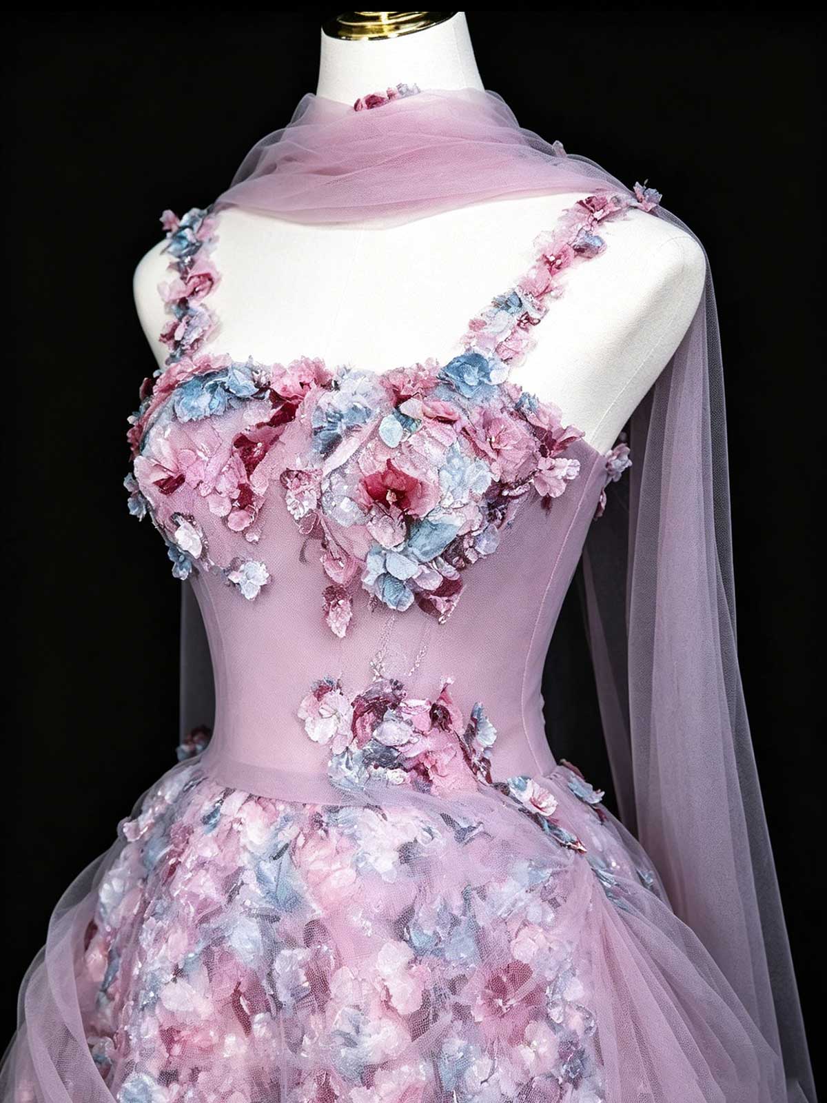 Multicolor 3D Floral Embroidered Spaghetti Strap A-Line Gown
