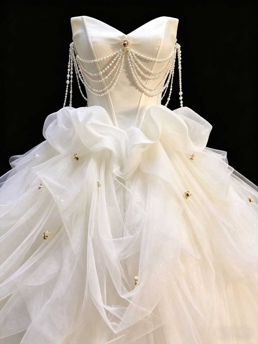 White Strapless Tulle Ball Gown with Pearl Chain Detail