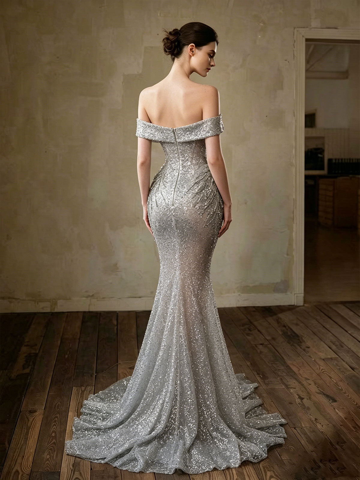 Silver Asymmetric Off Shoulder Beaded Sheer Mermaid Evening Gown