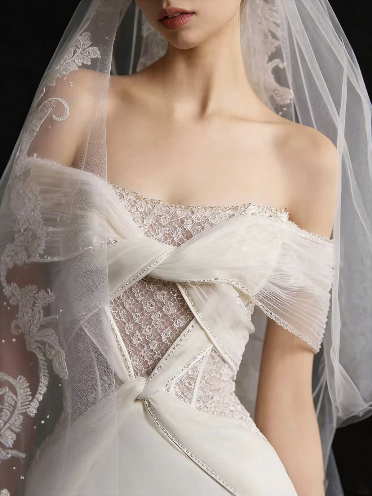 Gorgeous Off-Shoulder Satin Mermaid Wedding Dress with Lace