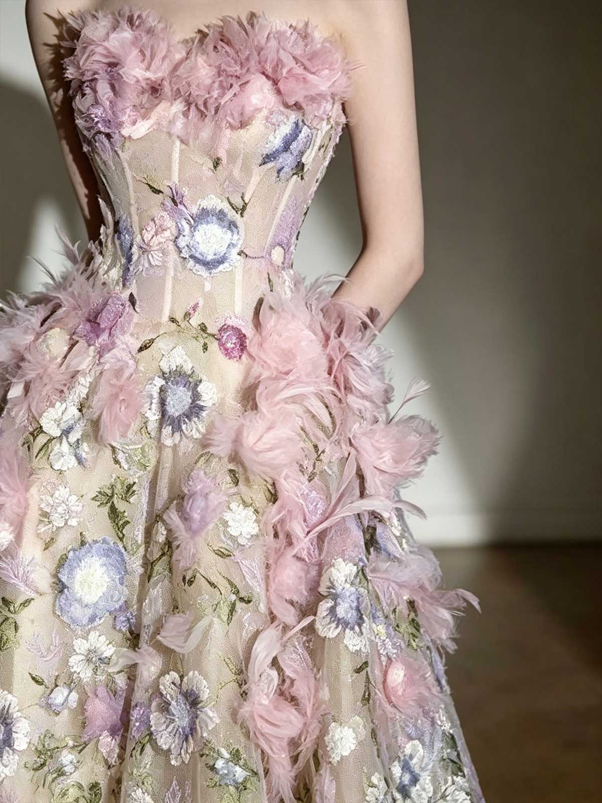 Pink Floral Feather Strapless Ball Gown Wedding Dress
