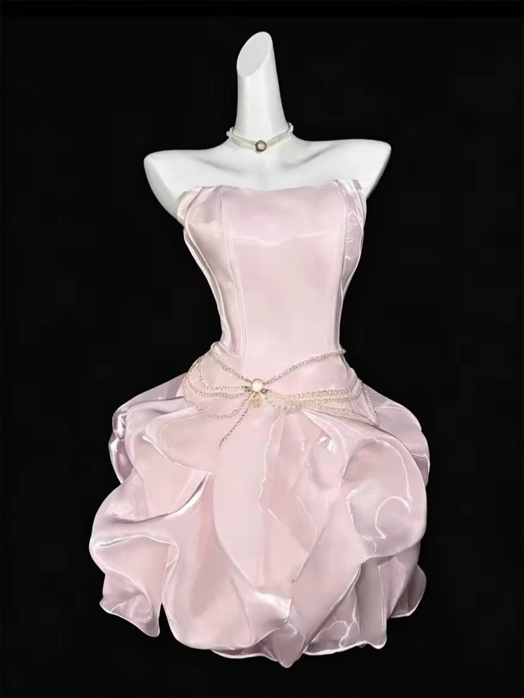 Glossy Pink Bustier Cocktail Gown with Pearl Choker