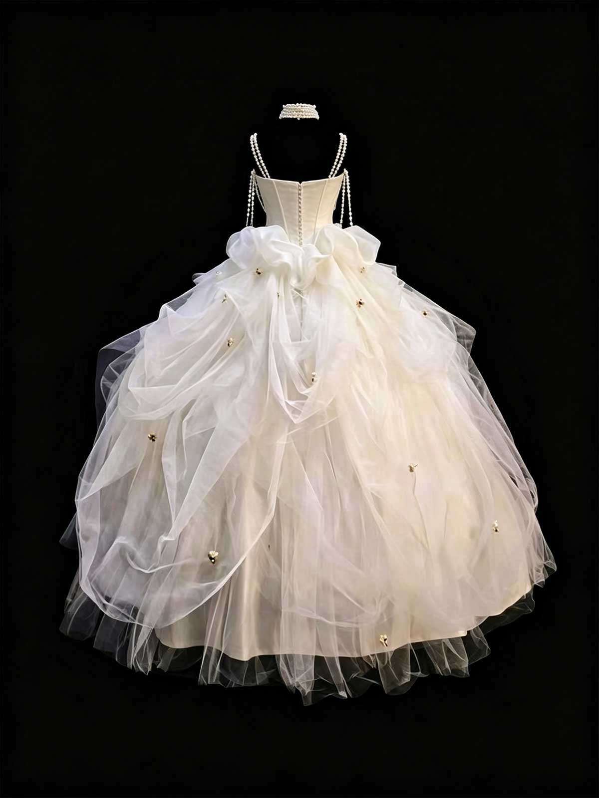 White Strapless Tulle Ball Gown with Pearl Chain Detail