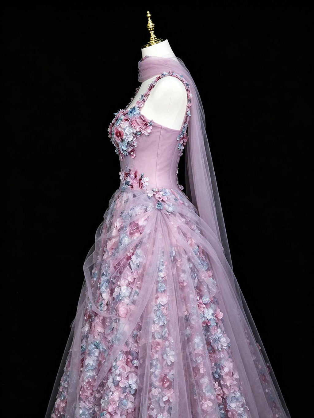 Multicolor 3D Floral Embroidered Spaghetti Strap A-Line Gown