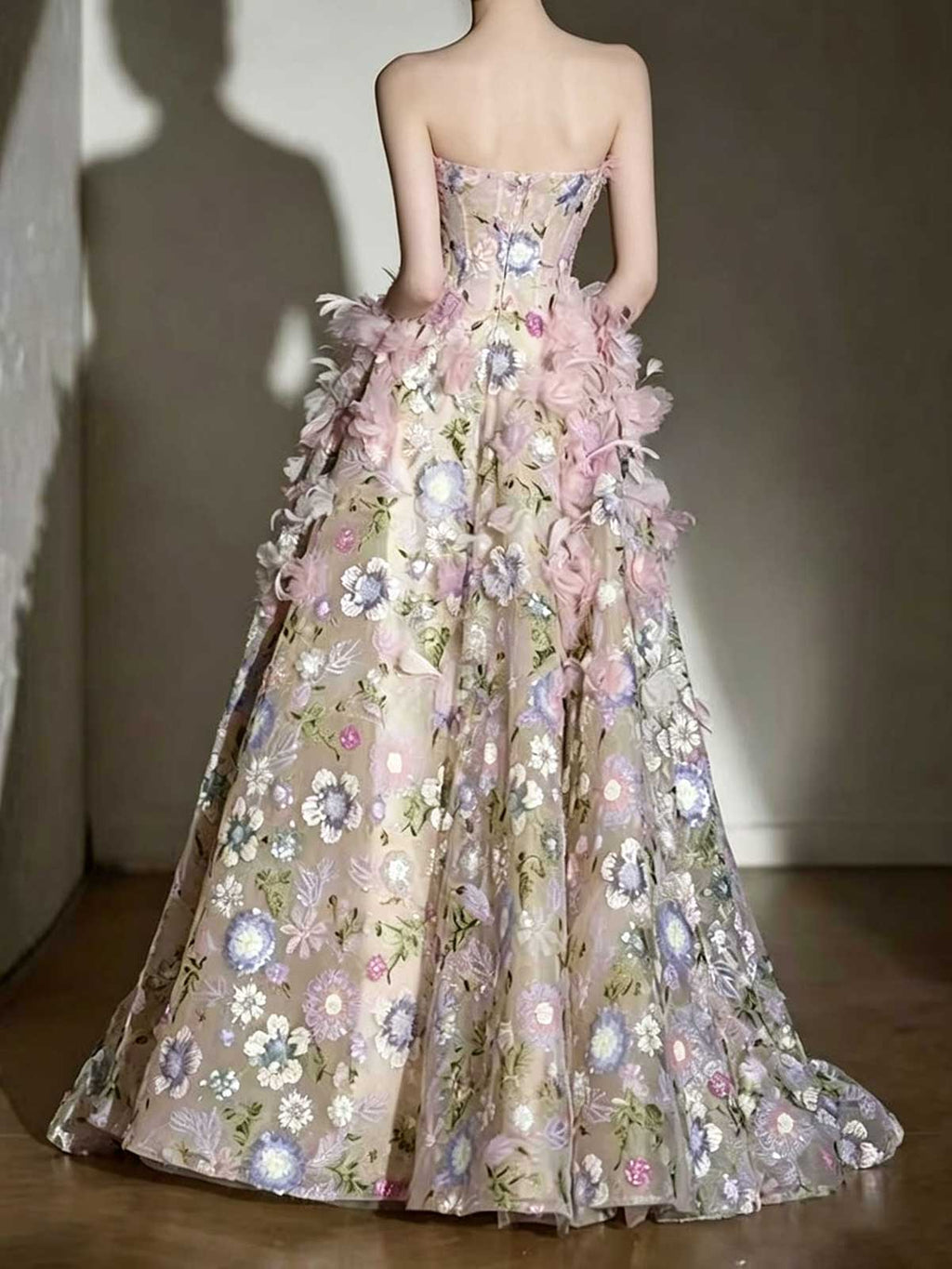 Pink Floral Feather Strapless Ball Gown Wedding Dress
