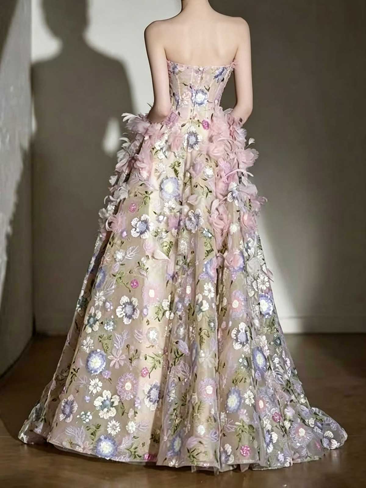 Pink Floral Feather Strapless Ball Gown Wedding Dress