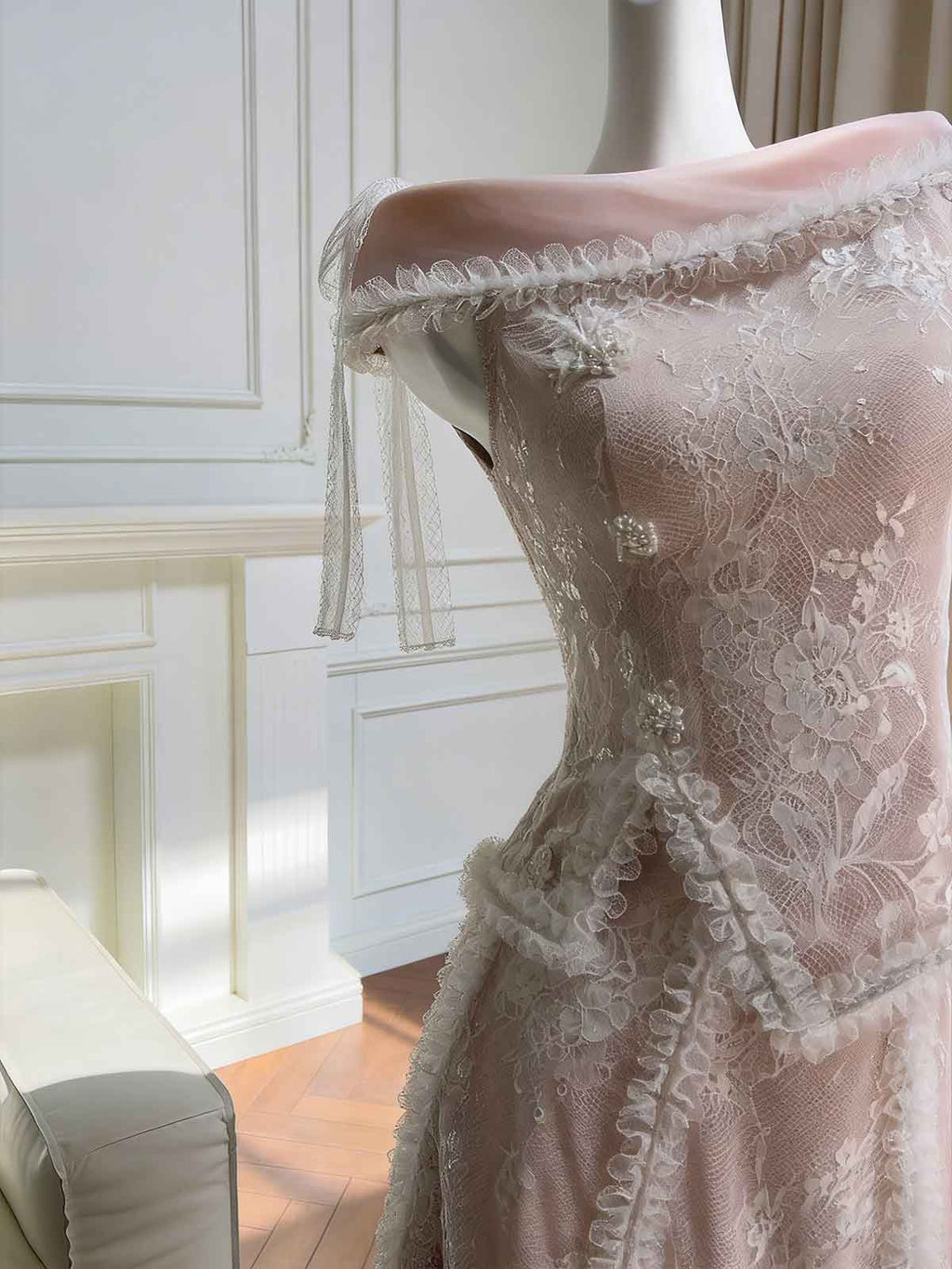 Vintage Dusty Pink Lace Off-Shoulder Midi Dress