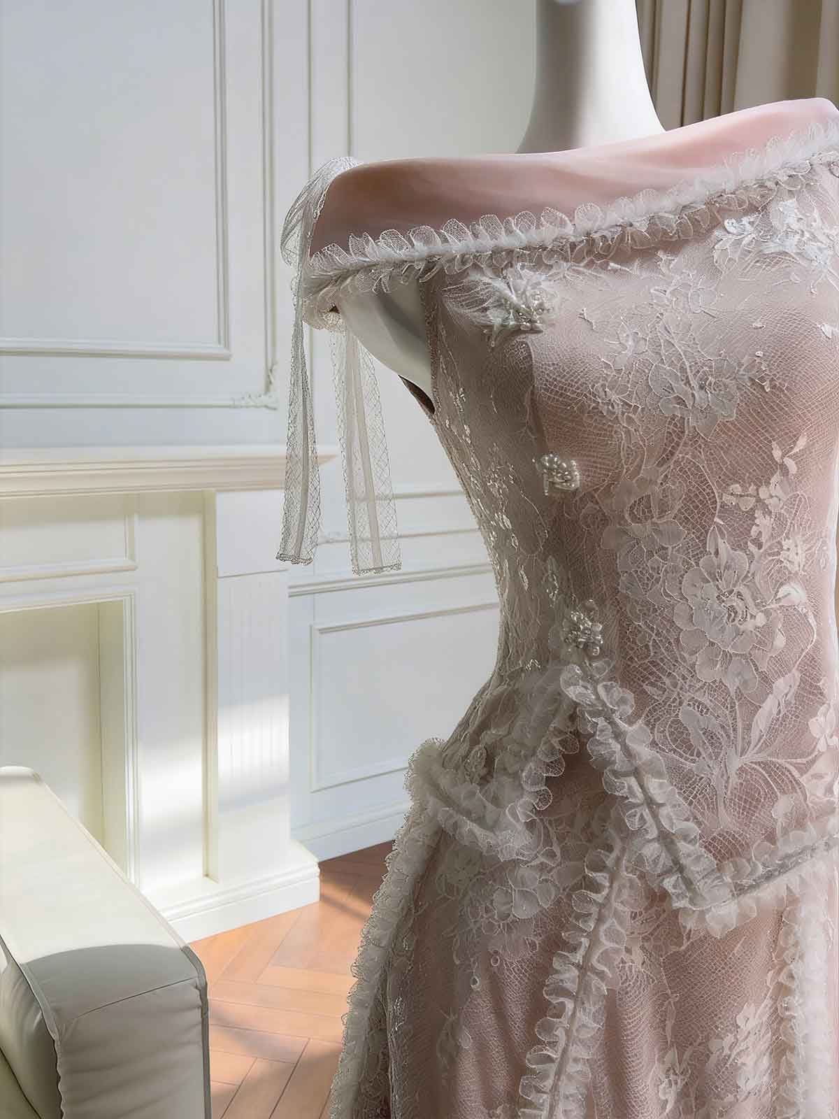 Vintage Dusty Pink Lace Off-Shoulder Midi Dress