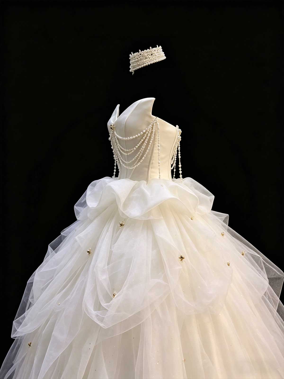 White Strapless Tulle Ball Gown with Pearl Chain Detail