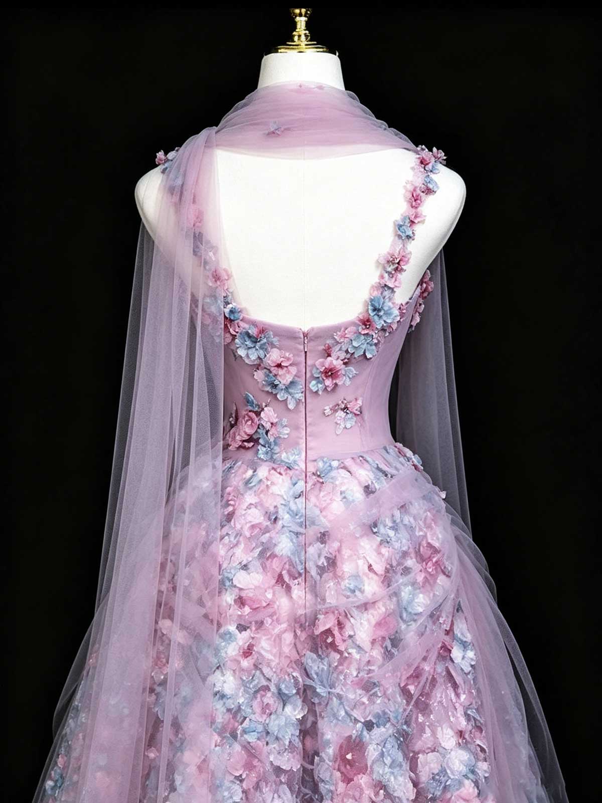 Multicolor 3D Floral Embroidered Spaghetti Strap A-Line Gown