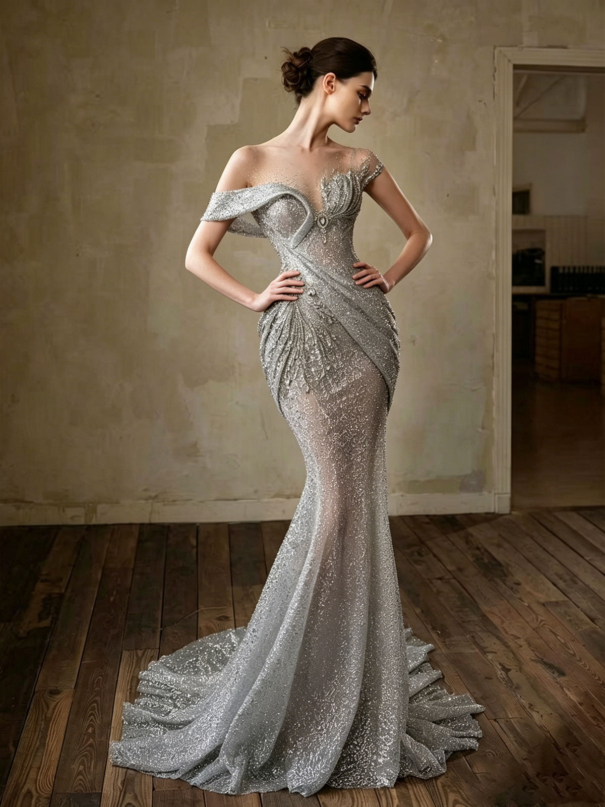 Silver Asymmetric Off Shoulder Beaded Sheer Mermaid Evening Gown