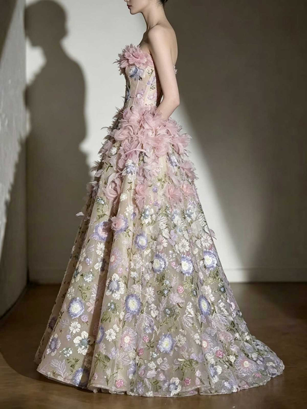 Pink Floral Feather Strapless Ball Gown Wedding Dress