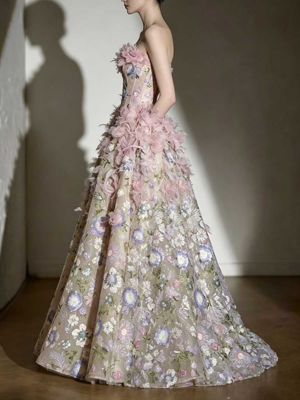 Pink Floral Feather Strapless Ball Gown Wedding Dress
