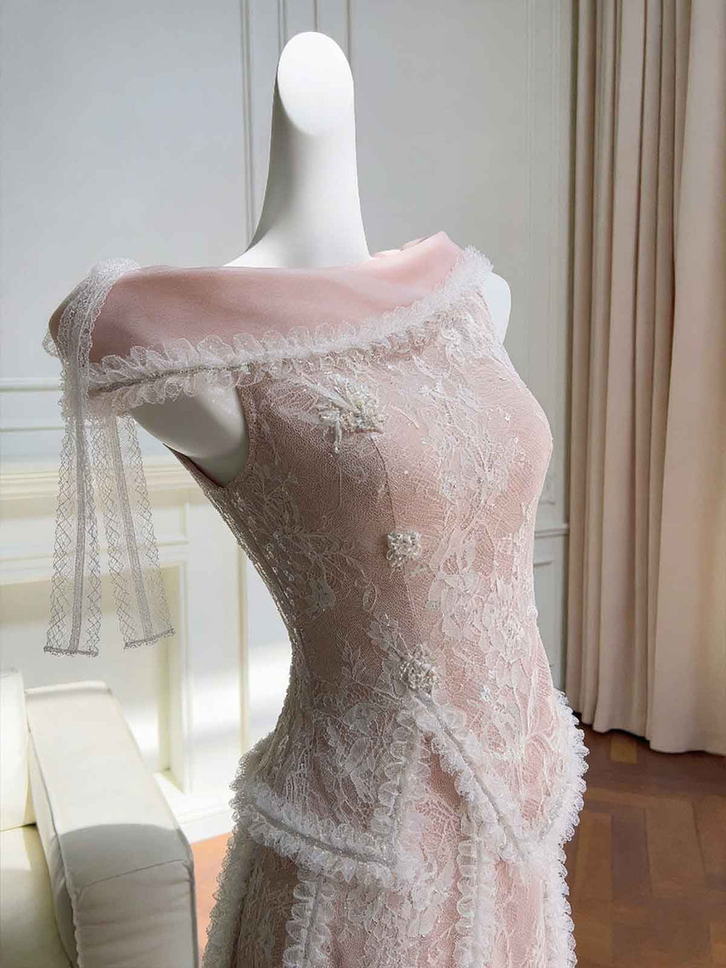 Vintage Dusty Pink Lace Off-Shoulder Midi Dress