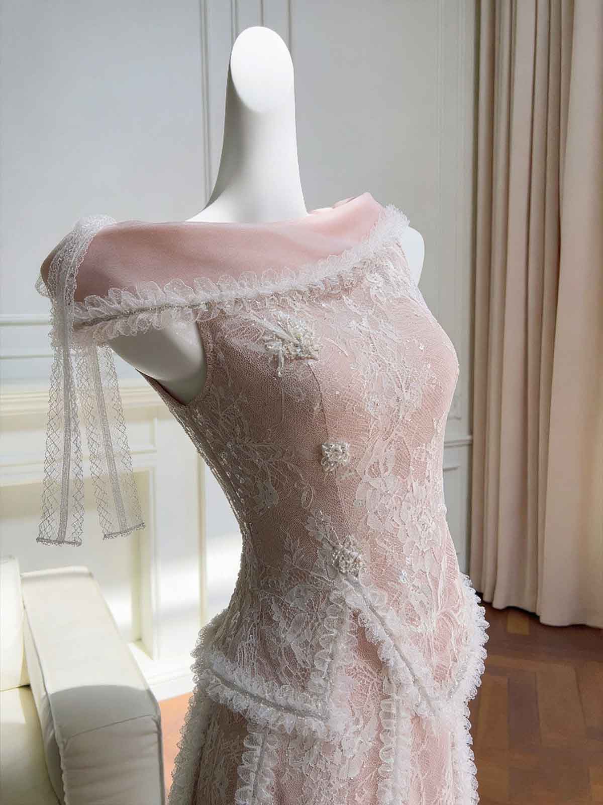 Vintage Dusty Pink Lace Off-Shoulder Midi Dress