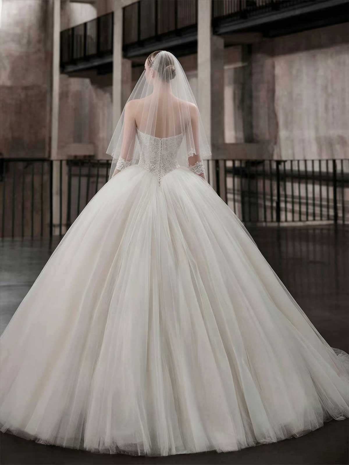 Strapless Lace Corset Ball Gown Wedding Dress with Voluminous Tulle Skirt