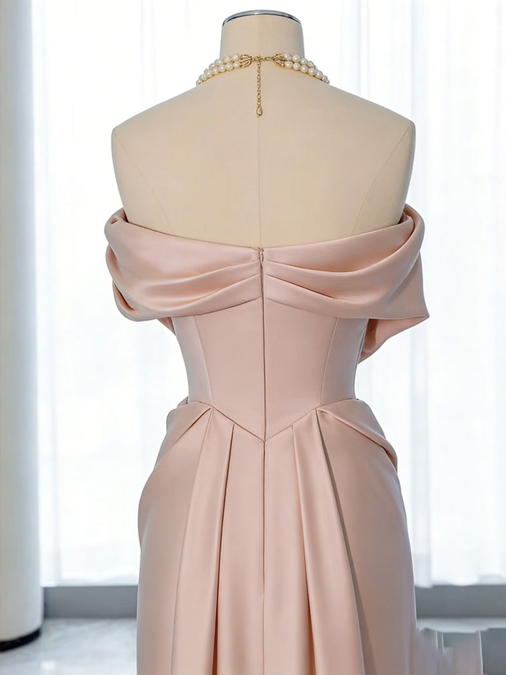 Elegant Champagne Satin Off-Shoulder Evening Gown
