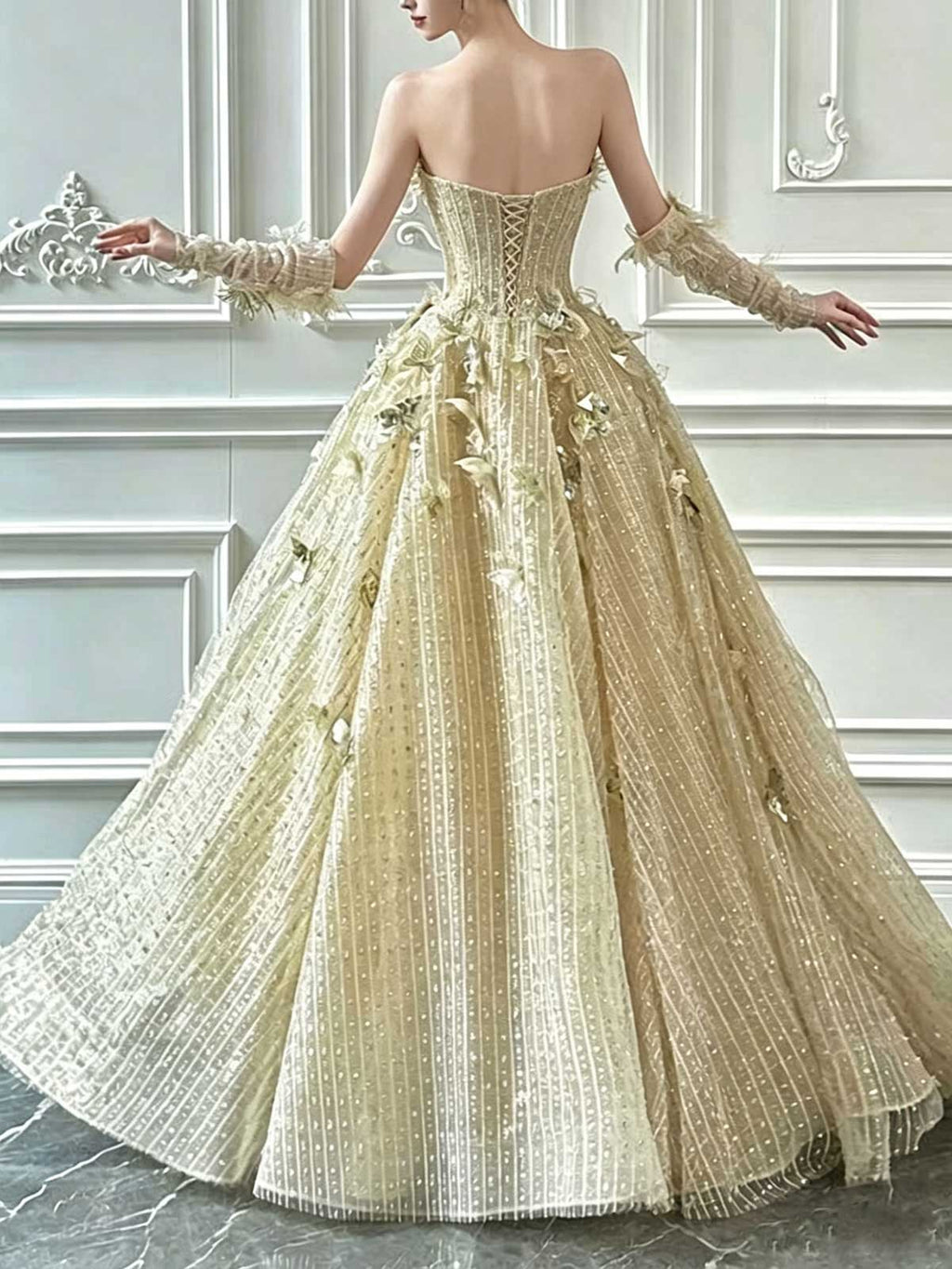Champagne Gold Butterfly Beaded Strapless A-Line Evening Gown with Gloves