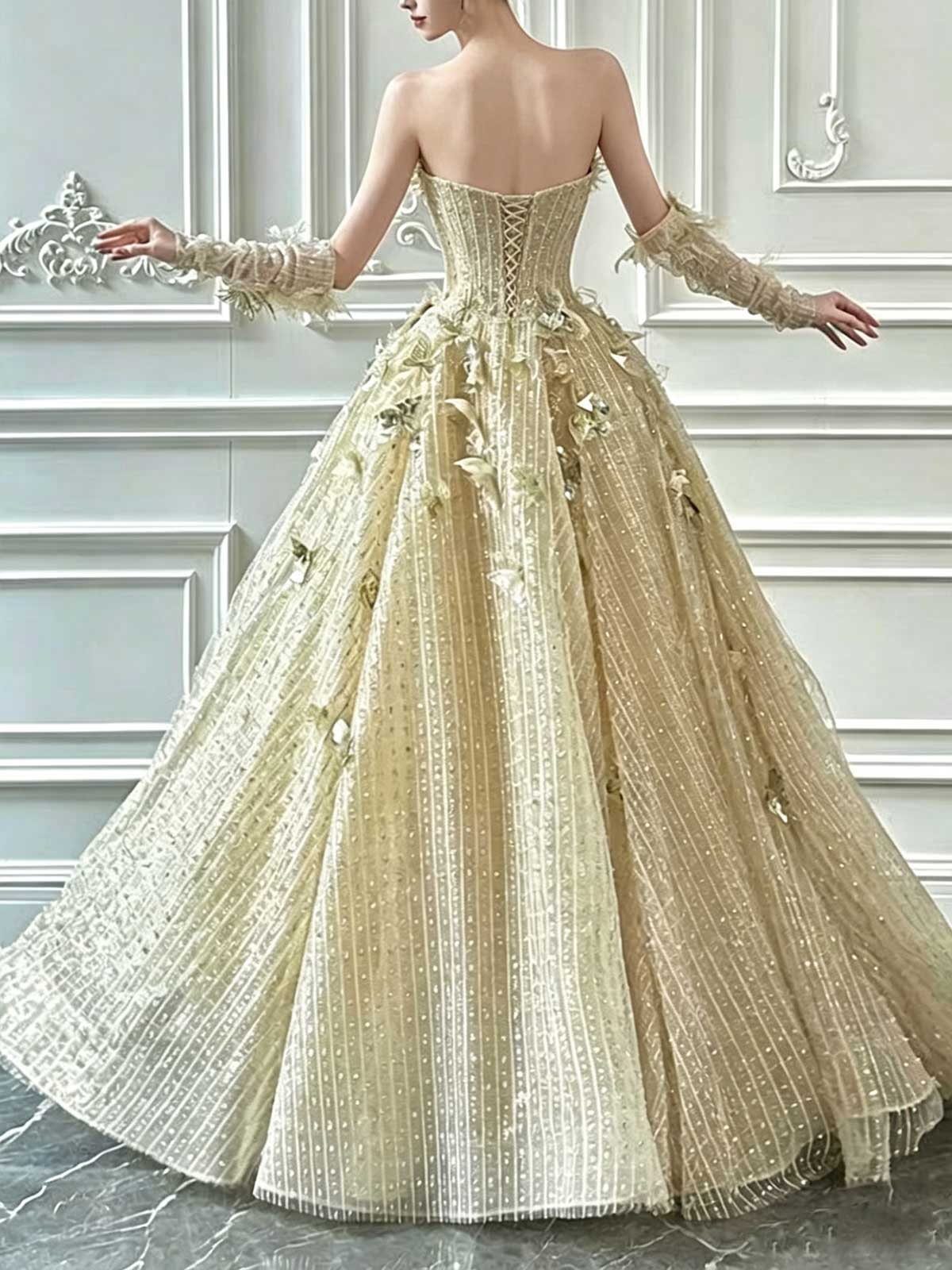 Champagne Gold Butterfly Beaded Strapless A-Line Evening Gown with Gloves