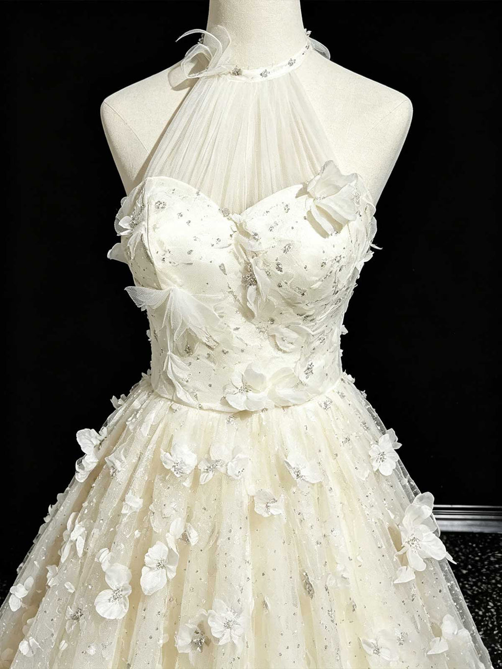Ivory 3D Butterfly Floral Applique Halter A-Line Wedding Dress