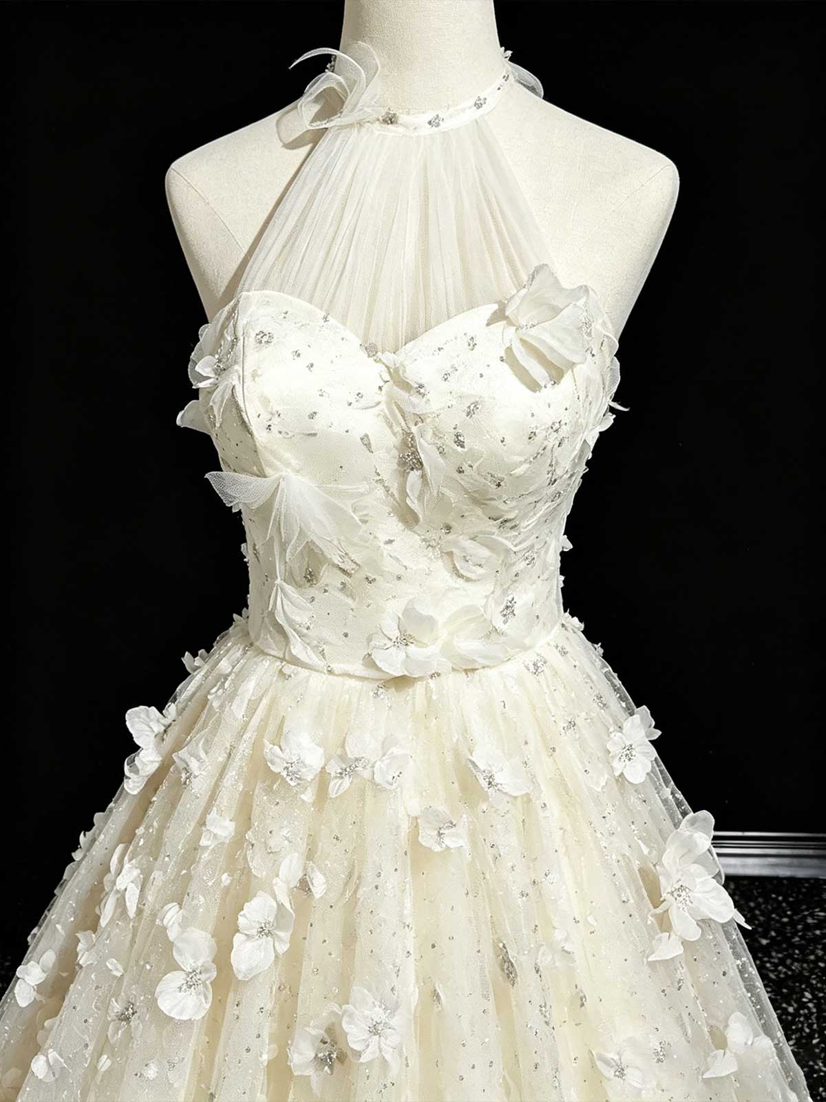Ivory 3D Butterfly Floral Applique Halter A-Line Wedding Dress
