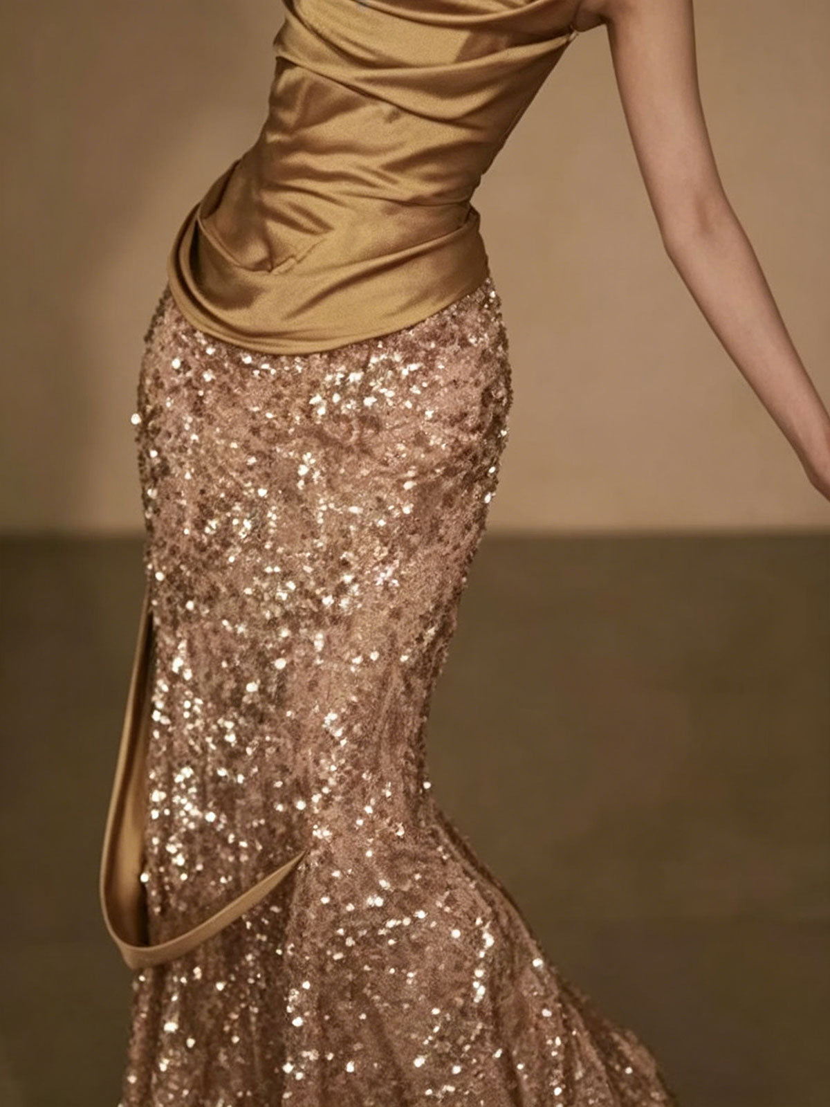 Champagne Gold Strapless Satin Sequin Mermaid Evening Gown