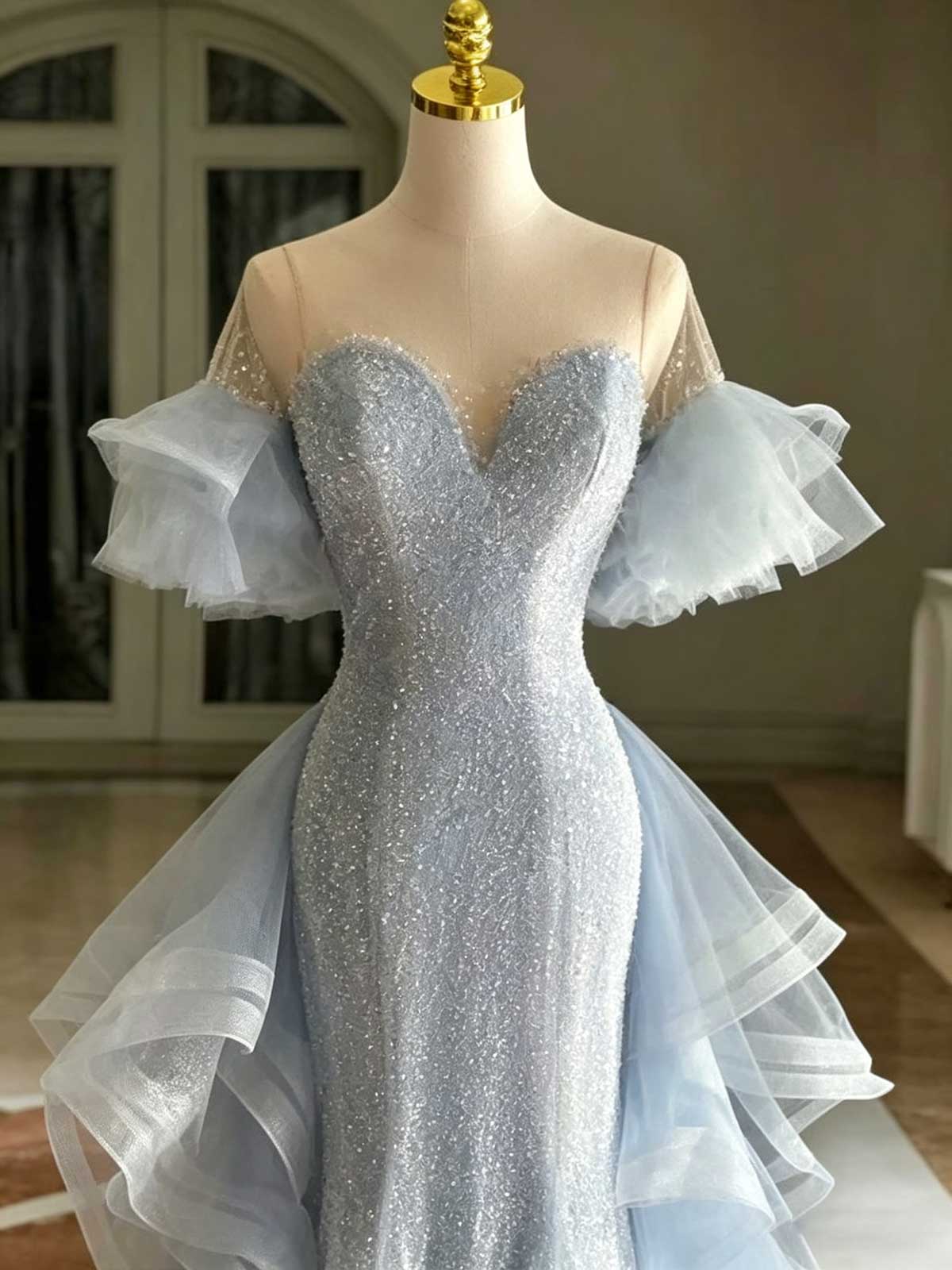  Ice Blue Sequin Mermaid Evening Gown