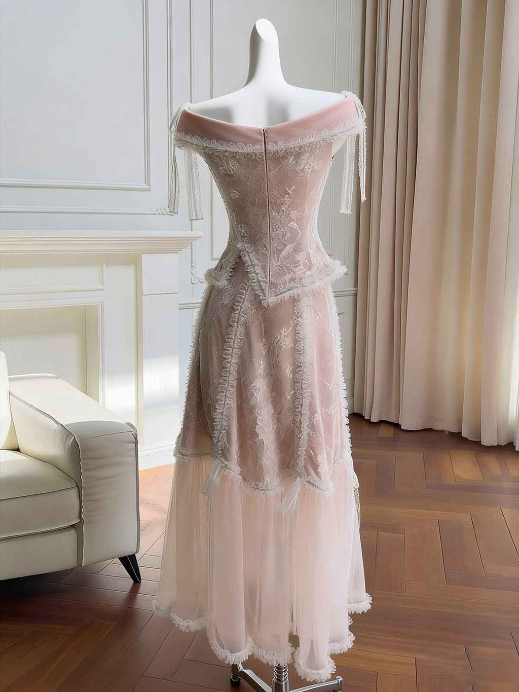 Vintage Dusty Pink Lace Off-Shoulder Midi Dress