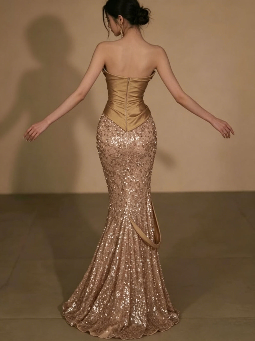 Champagne Gold Strapless Satin Sequin Mermaid Evening Gown