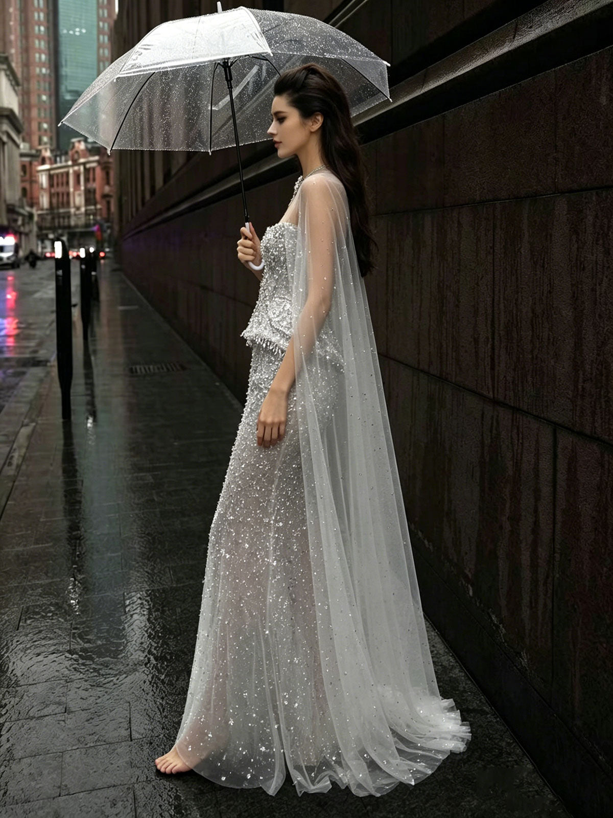 Silver Sequin Peplum Cape Tulle Mermaid Formal Evening Gown
