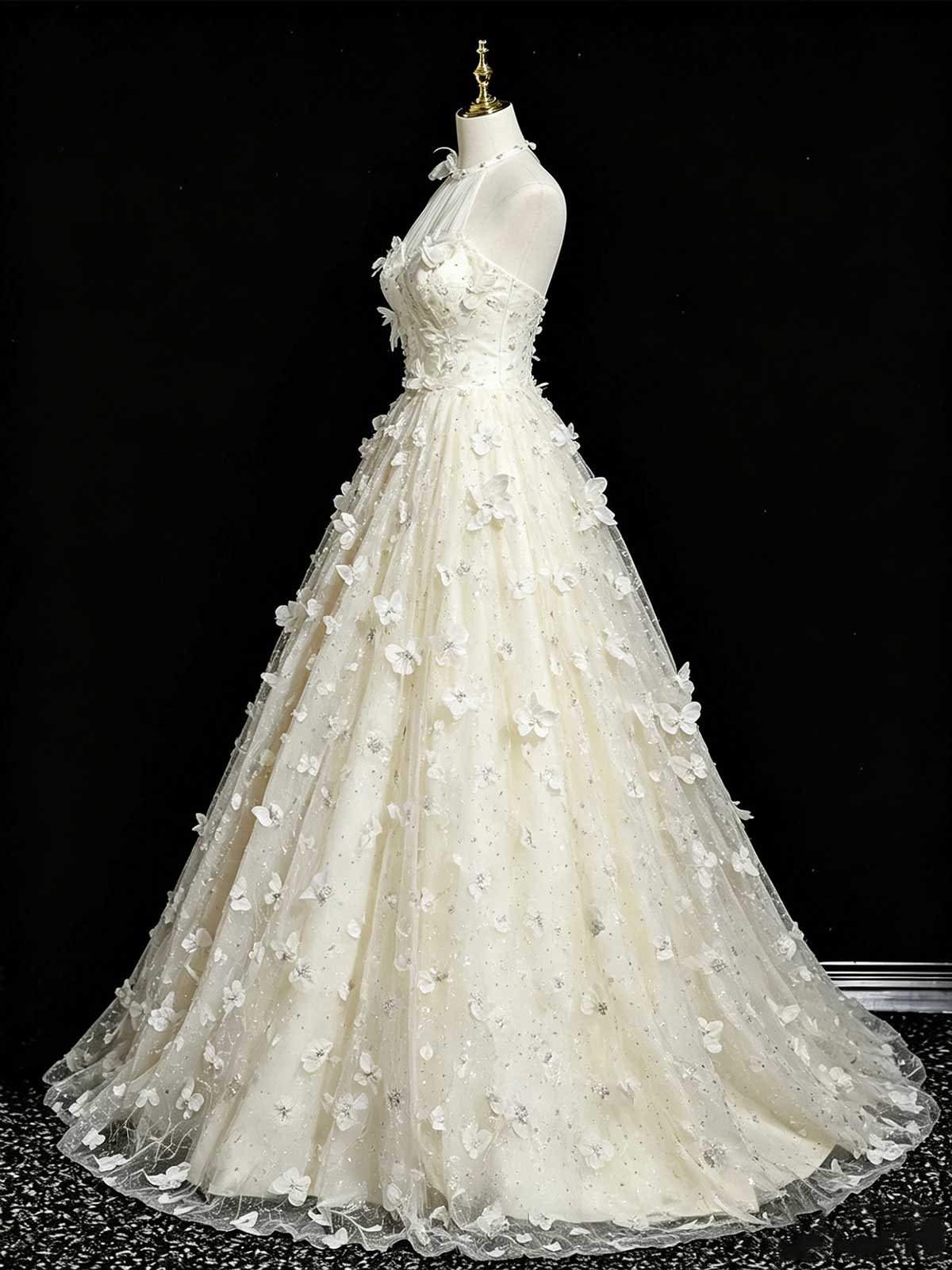 Ivory 3D Butterfly Floral Applique Halter A-Line Wedding Dress
