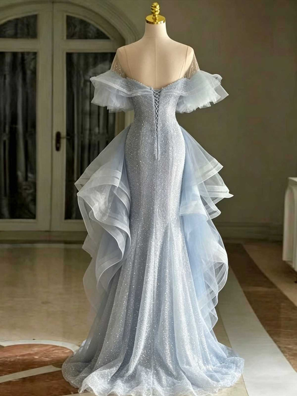  Ice Blue Sequin Mermaid Evening Gown