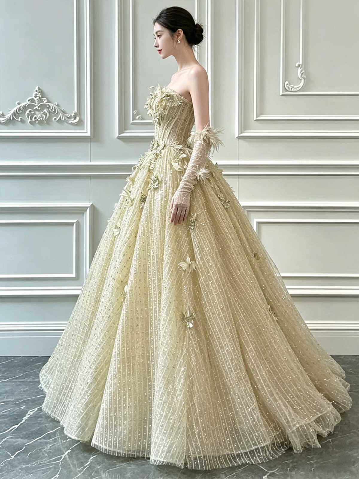 Champagne Gold Butterfly Beaded Strapless A-Line Evening Gown with Gloves